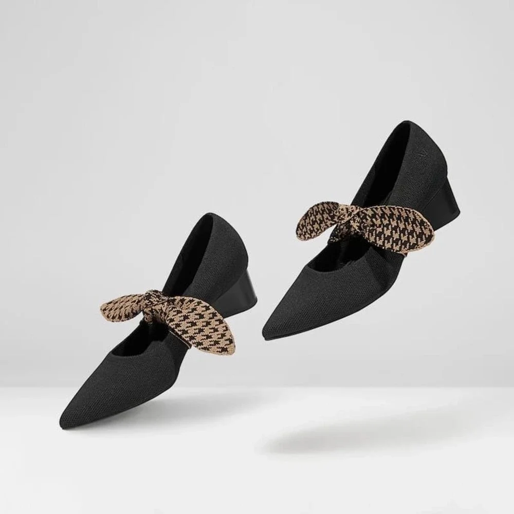 Vivaia Pointed-Toe Block Heel Mary Jane Knit Pumps Houndstooth Bow Size 7.5 EU38